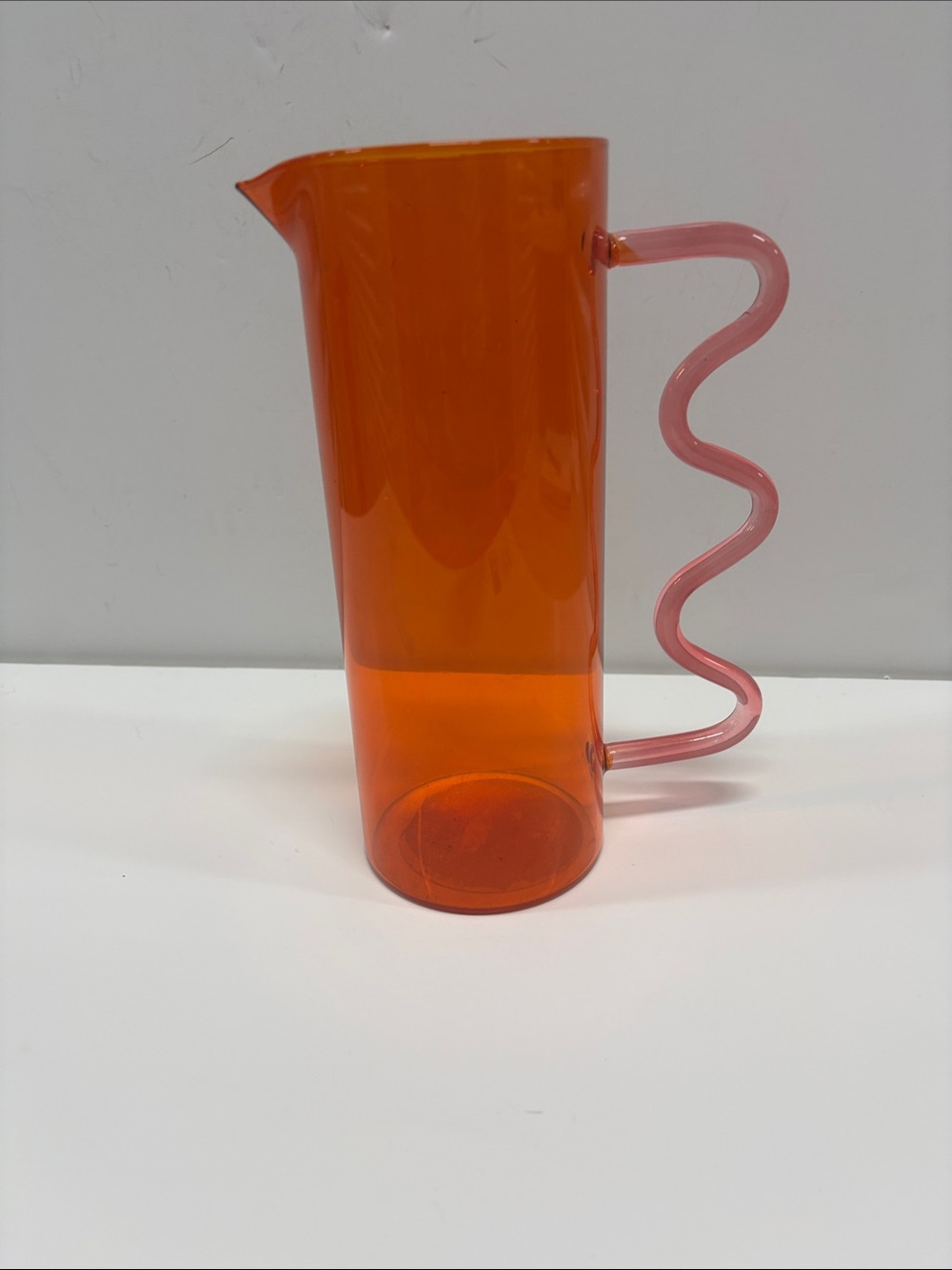 Orange Glass Pitcher with Pink Squiggle Handle 44Oz
